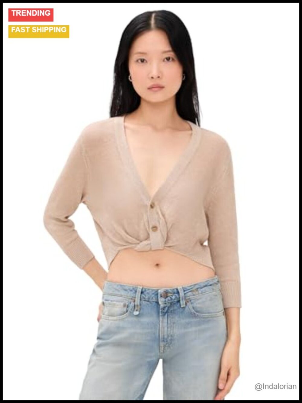 R13 3/4 Sleeve Twisted Front Cardigan - Light Khaki Linen Knit